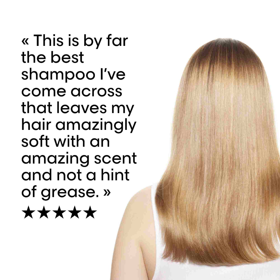 Person with long, shiny hair and a testimonial about a shampoo product on a white background