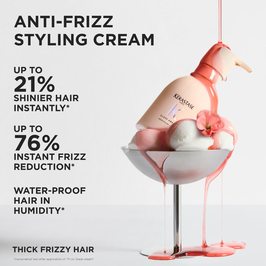 Kerastase anti-frizz styling cream bottle with promotional text on a white background