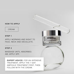 Cosmetic jar with applicator and application instructions on a light gray background