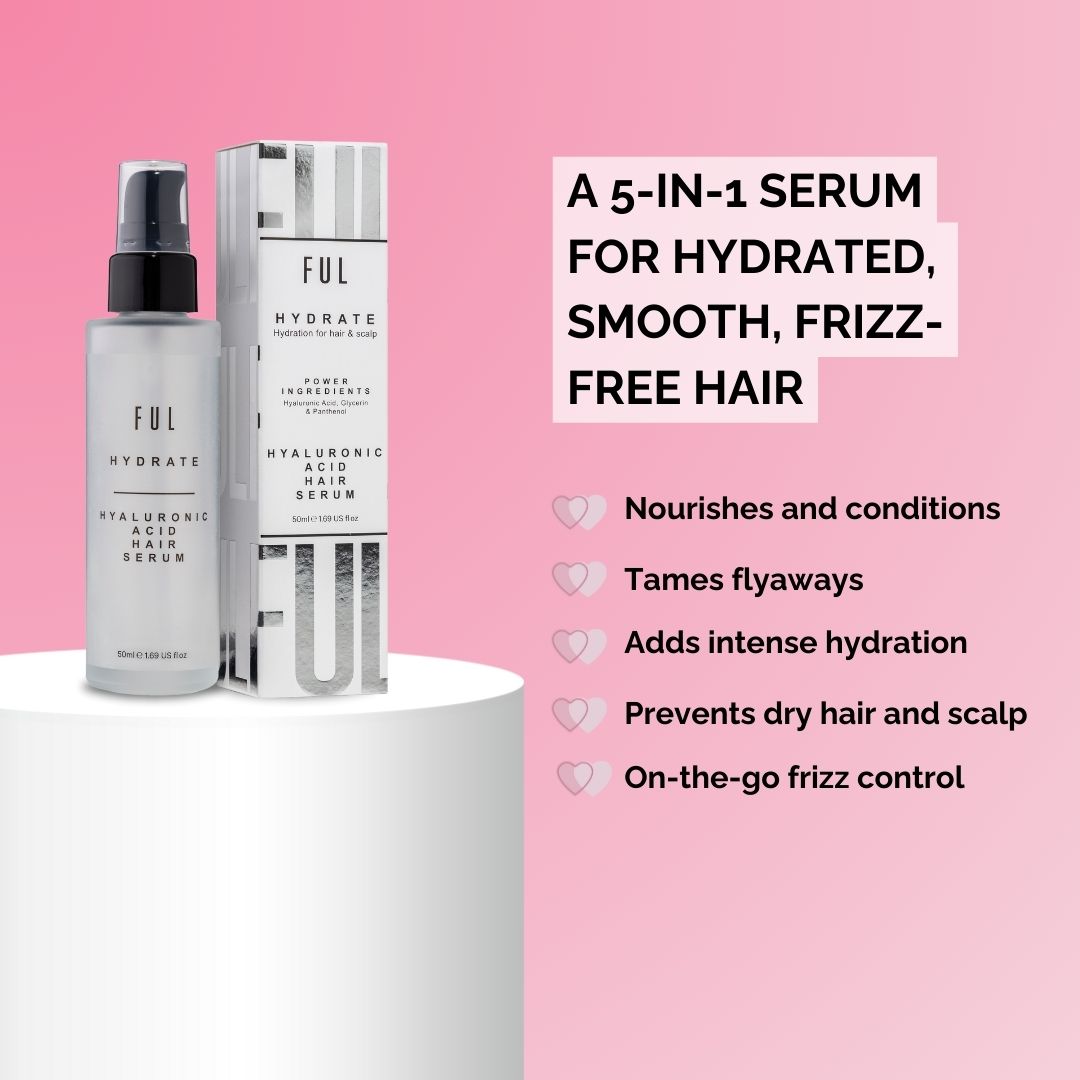 FUL Hyaluronic Acid Hair Serum with packaging on a pink background
