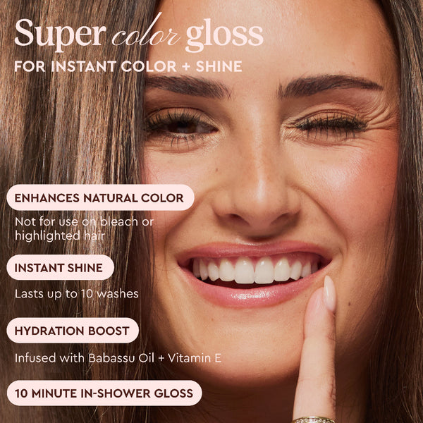 Close-up of a smiling woman with long brown hair and glossy lips, with text overlays reading 'Super color gloss' and product benefits such as 'Enhances natural color' and 'Instant shine.'.