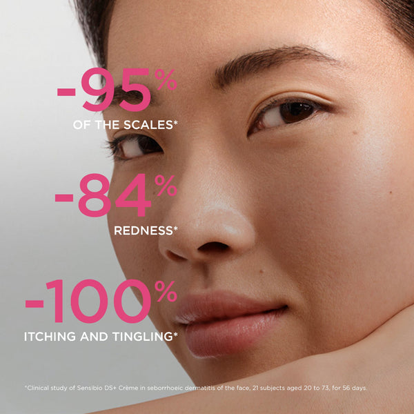 Close-up of a woman's face with large pink and white text overlays claiming -95% of scales, -84% redness, and -100% itching and tingling, set against a light gray background.