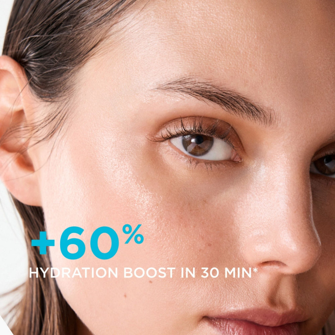 Close-up of a woman's face with bright, hydrated skin and overlaid text reading '+60% HYDRATION BOOST IN 30 MIN'.