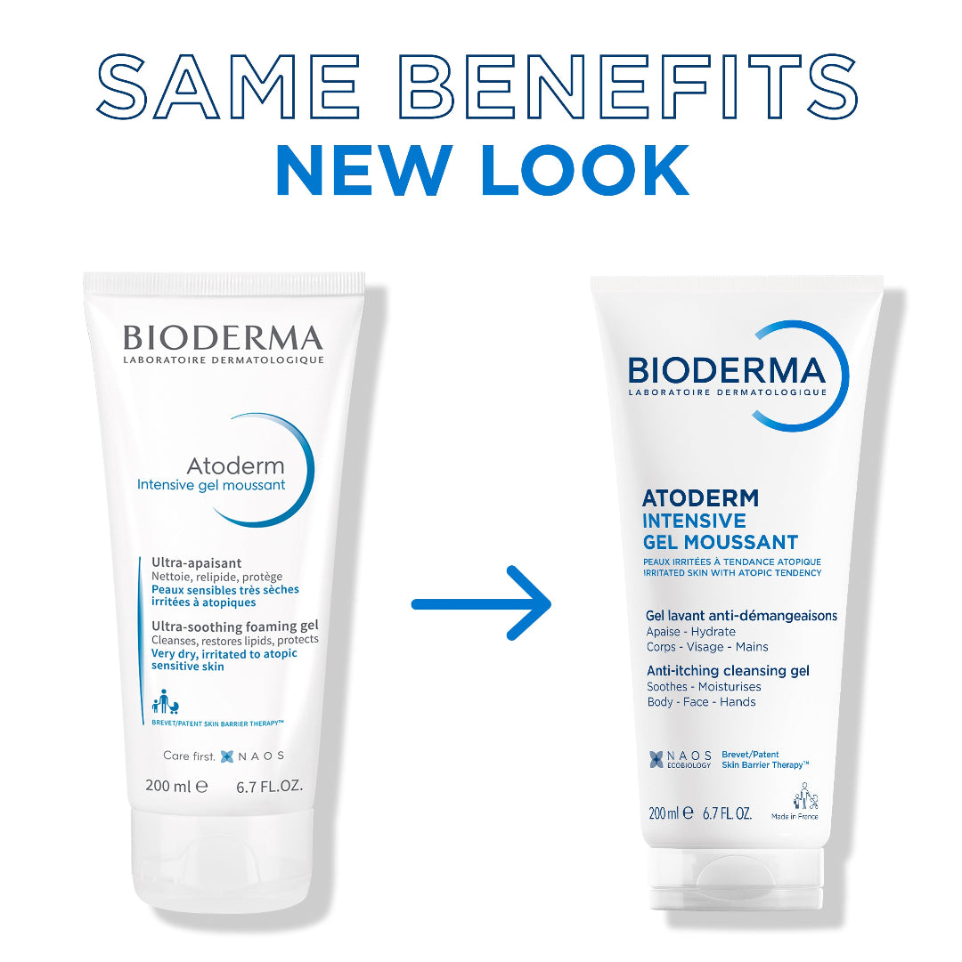 Two versions of Bioderma Atoderm Intensive Gel Moussant with text 'Same Benefits, New Look' on a white background.