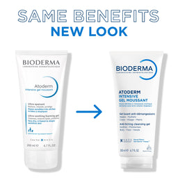 Two versions of Bioderma Atoderm Intensive Gel Moussant with text 'Same Benefits, New Look' on a white background.