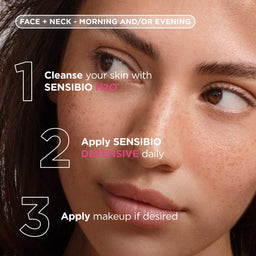 Close-up of a woman's face with skincare instructions overlaid: 'Cleanse your skin with SENSIBIO H2O', 'Apply SENSIBIO DEFENSIVE daily', and 'Apply makeup if desired'.
