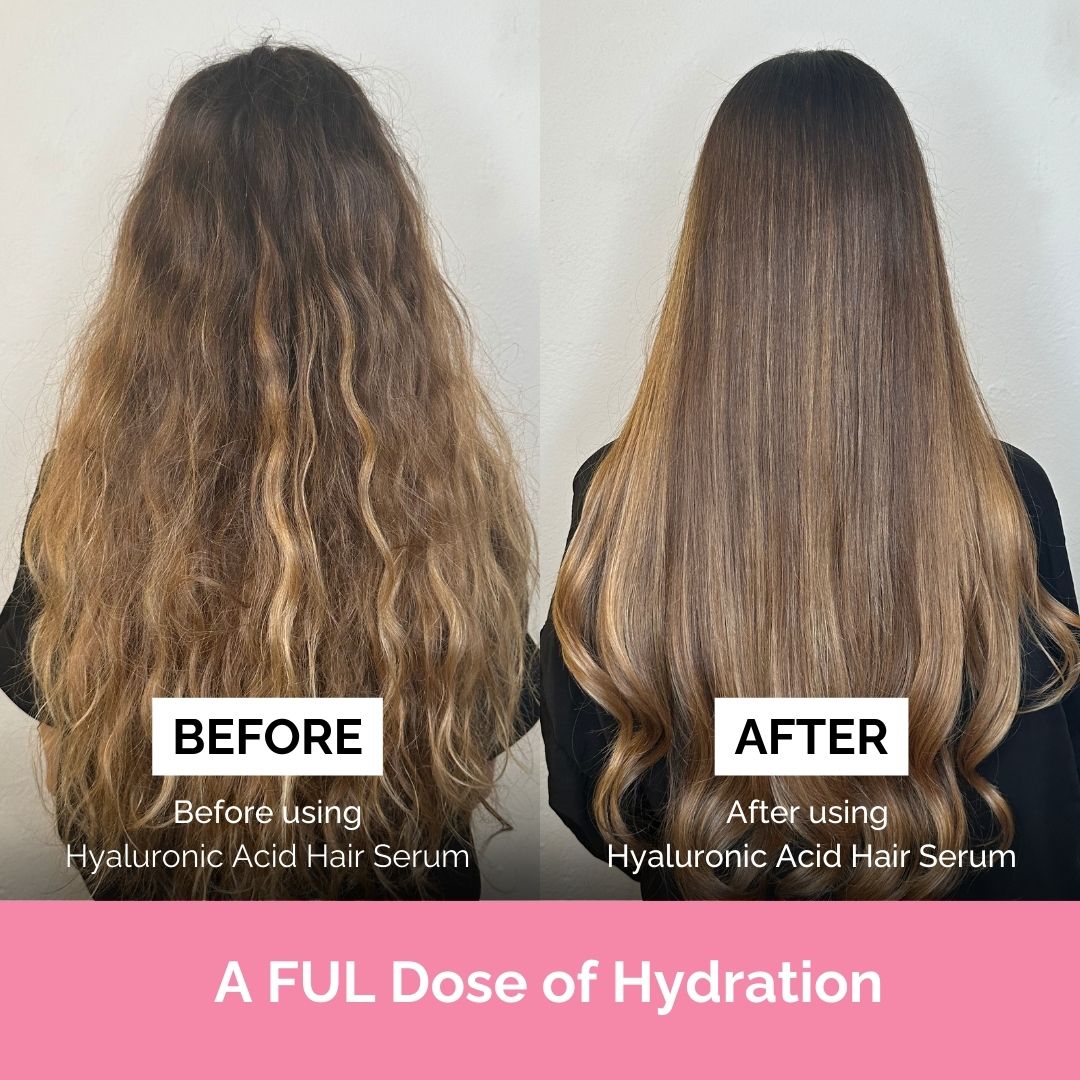 Before and after comparison of hair using Hyaluronic Acid Hair Serum on a plain background.