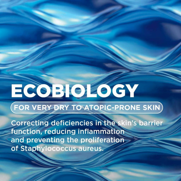 Promotional text for EcoBiology skincare product on a blue wavy background