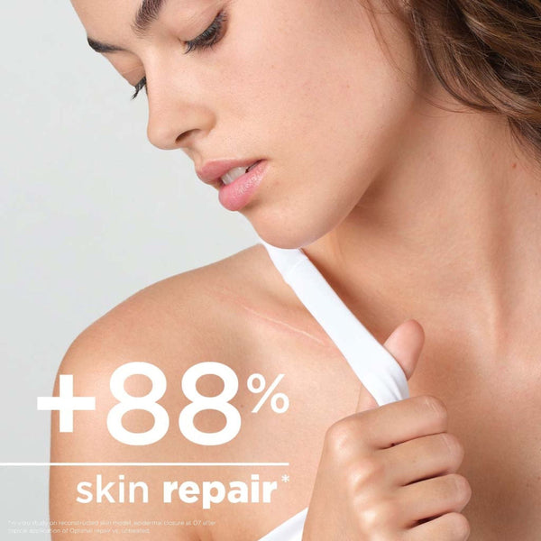 Close-up of a woman's shoulder and upper chest with a white strap visible, overlaid with the text '+88% skin repair*'. The image is a promotional skincare graphic rather than a straightforward product photo.