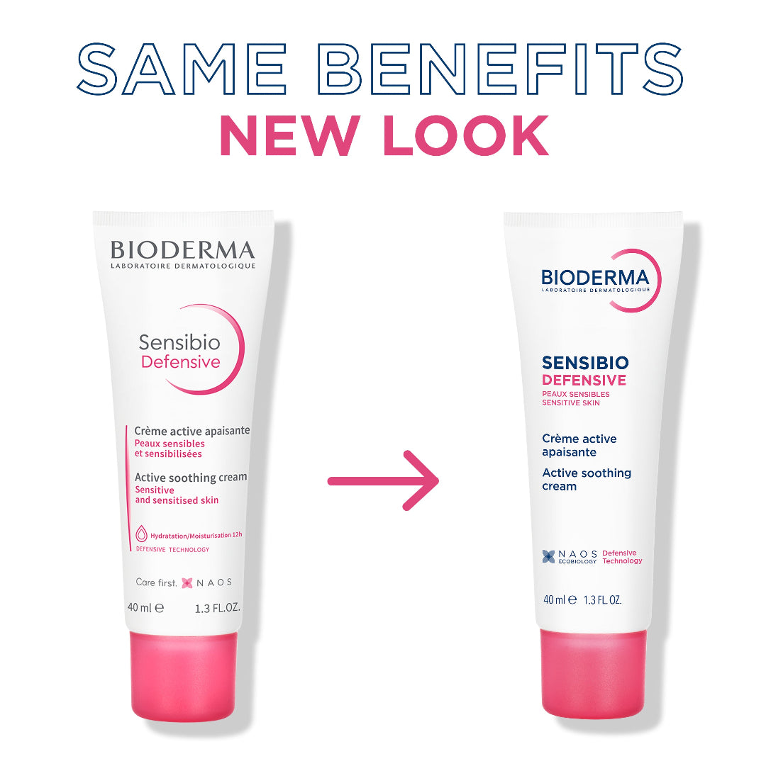 Two Bioderma Sensibio Defensive active soothing cream tubes shown side by side on a white background, with large text reading 'SAME BENEFITS NEW LOOK' and a pink arrow pointing from the left to the right tube.