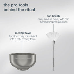 Dermalogica microfoliant foam preparation set, featuring a metallic silver mixing bowl and a white and silver fan brush, with text callouts explaining their use on a light gray gradient background.