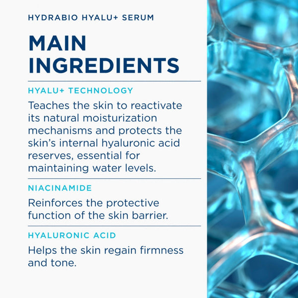 A text-heavy informational panel titled 'MAIN INGREDIENTS' for Hydrabo HYALU+ SERUM, with blue typography on a white left side and a blue translucent honeycomb-style graphic on the right. Visible text mentions Hyalu+ Technology, Niacinamide, and Hyaluronic Acid.