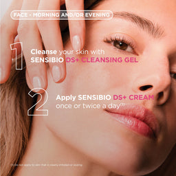 Close-up of a woman's face with overlaid skincare instructions reading 'Face - Morning and/or Evening' and two numbered steps for cleansing with SENSIBIO DS+ cleansing gel and applying SENSIBIO DS+ cream.