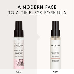 A comparison graphic showing two bottles of Mercy Reed London Volumising No Oil Spray, labeled 'OLD' on the left with a pink illustration on the label and 'NEW' on the right with a clean white label, under the headline 'A MODERN FACE TO A TIMELESS FORMULA'.