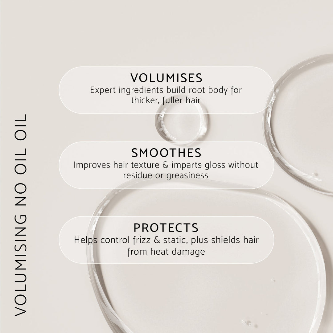Promotional graphic for volumising no oil oil, featuring three rounded text boxes detailing benefits ('Volumises', 'Smoothes', 'Protects') over a soft beige background with translucent oil droplets.