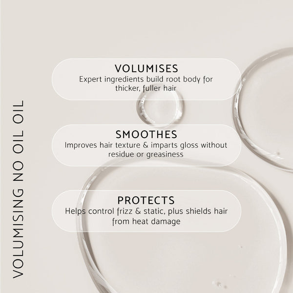 Promotional graphic for volumising no oil oil, featuring three rounded text boxes detailing benefits ('Volumises', 'Smoothes', 'Protects') over a soft beige background with translucent oil droplets.