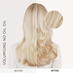 Before and after comparison of voluminous blonde hair with 'Volumising No Oil Oil' product.