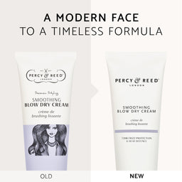 Two tubes of Percy & Reed Smoothing Blow Dry Cream with branding and product details on a white background.