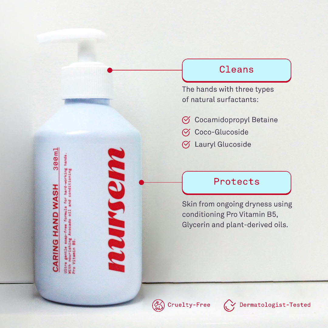 NurseM hand wash bottle with features highlighted on a white background