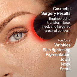 Cosmetic surgery device targeting a person's eye with text about surgical results and benefits.