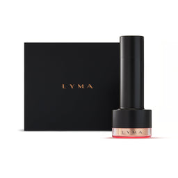 A black cylindrical cosmetic tube with a metallic rose gold base and the brand name 'LYMA' in gold, displayed next to its matching black packaging box on a clean white background.