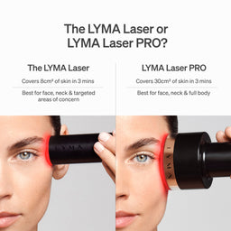 Comparison of LYMA Laser and LYMA Laser PRO devices on a person's face.