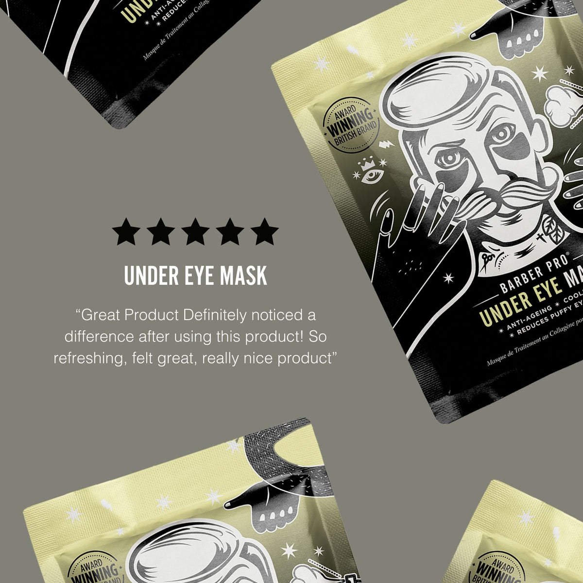 Under eye mask packaging with branding and product description on a gray background