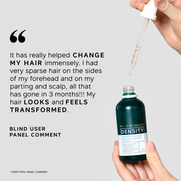 Bottle of Density hair product with a dropper, user testimonial on a gray background