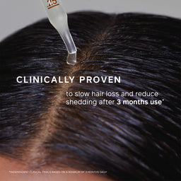 Dropper applying a liquid to hair with text about clinical proven benefits on hair loss and shedding.