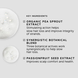 Key ingredients of a hair care product with organic pea sprout extract, synergistic botanical blend, and passionfruit seed extract on a light gray background.