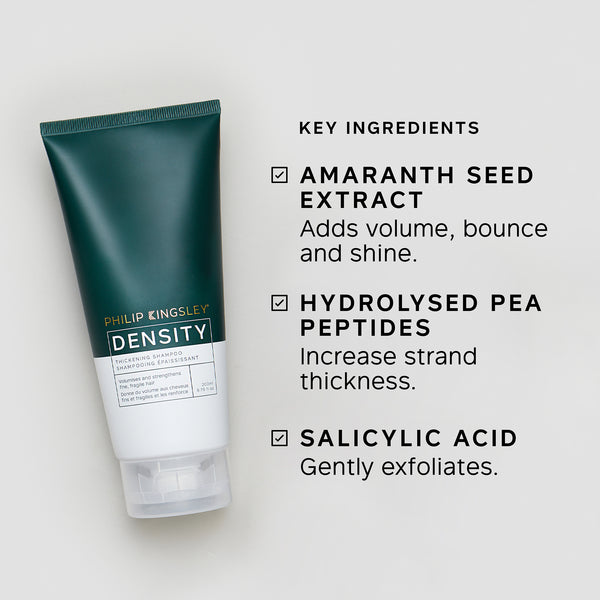 Tube of Philip Kingsley Density hair product with key ingredients listed on a light gray background