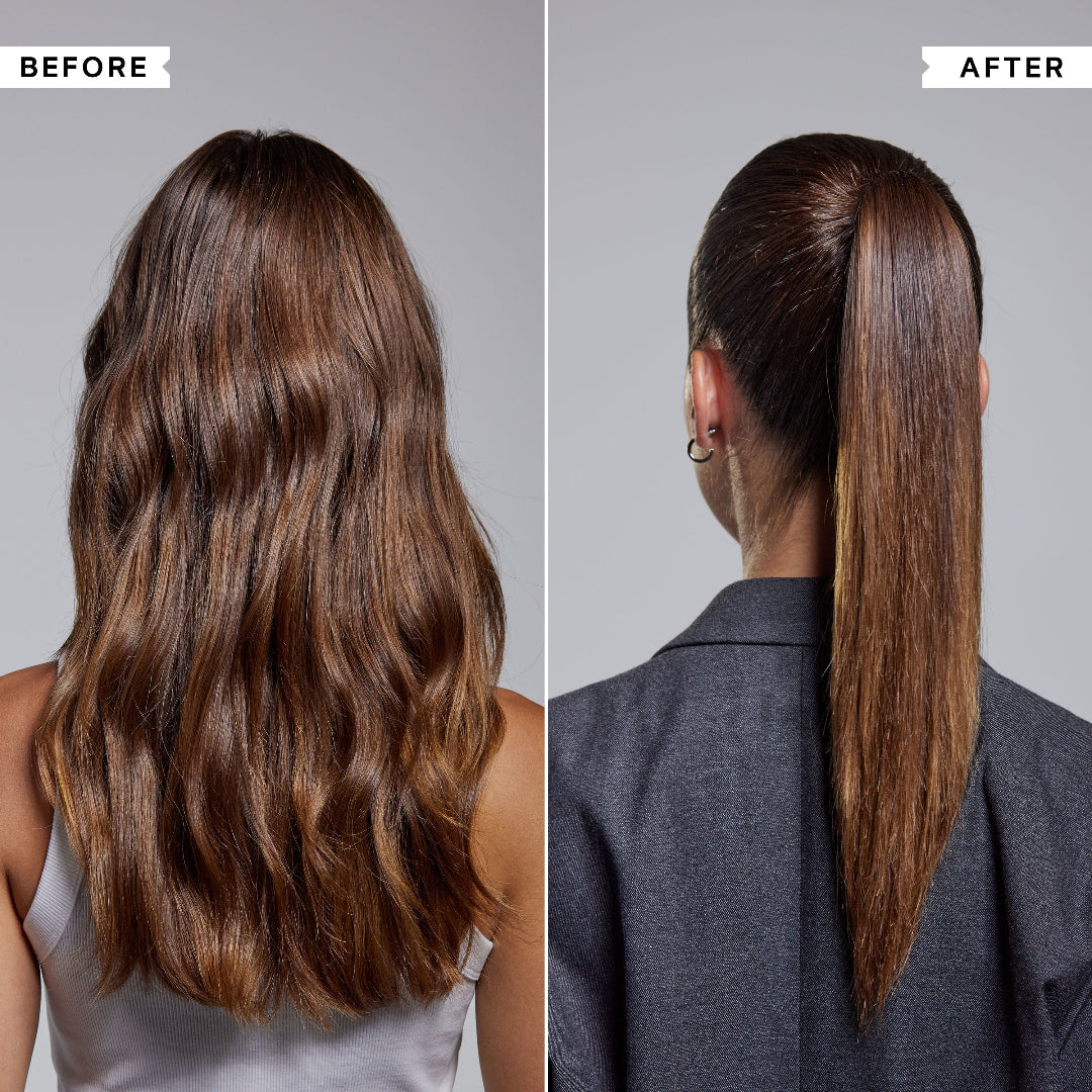 Before and after comparison of a woman with long hair styled into a ponytail.
