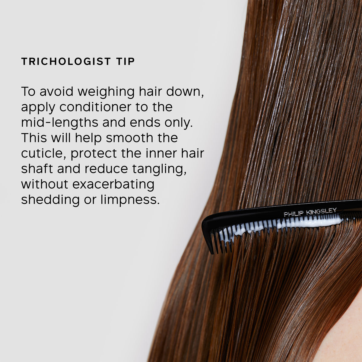 Trichologist tip on applying conditioner to hair with a comb.