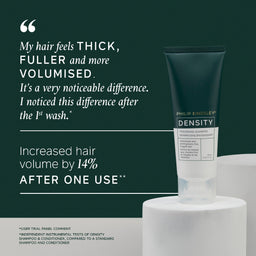 Philip Kingsley Density Thickening Shampoo in a dark teal tube with a white label, displayed on a white pedestal against a dark green background with promotional text.