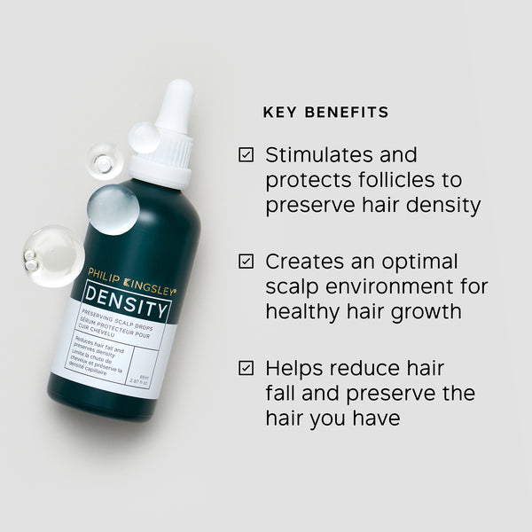 Bottle of Philip Kingsley Density product with key benefits listed on a light gray background