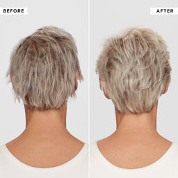 Before and after comparison of a woman's haircut with gray hair.