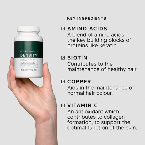 Hand holding a supplement bottle with key ingredients listed on a gray background