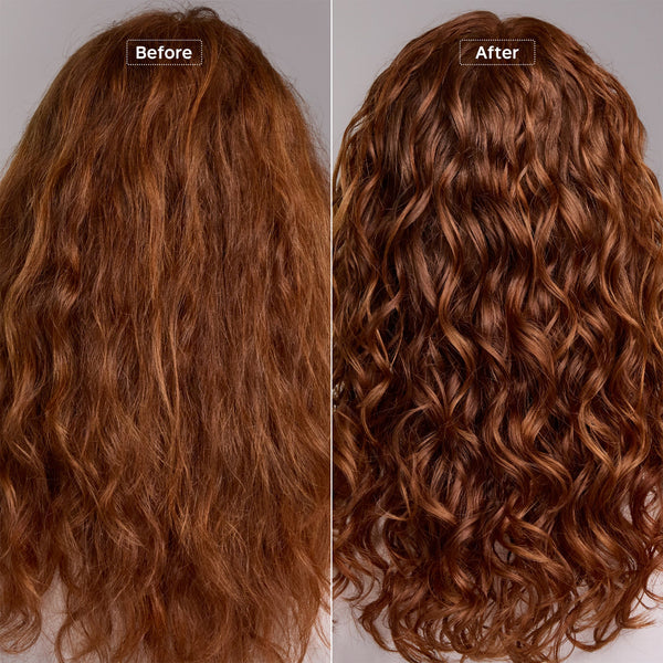 Before and after comparison of a person's long auburn hair, showing frizzy, dry-looking hair on the left labeled 'Before' and smooth, shiny, curled hair on the right labeled 'After'.