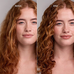 Before and after comparison of a woman with long, wavy auburn hair, showing the effect of a hair product or styling service. The left side is labeled 'Before' with looser, less defined waves, and the right side is labeled 'After' with smoother, more defined curls.