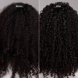 A side-by-side before and after comparison of curly hair, showing a dark black wig or hair extension with tight curls labeled 'Before' on the left and 'After' on the right against a plain light background.