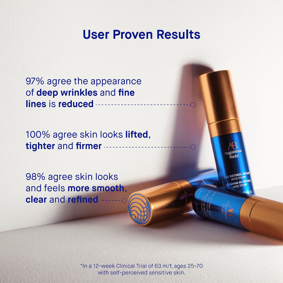 Two skincare bottles with user proven results text on a light background