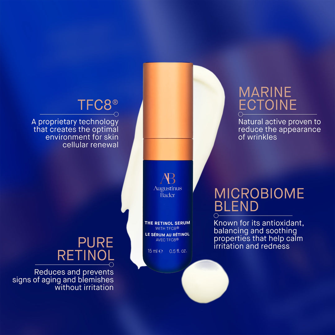 Skincare serum bottle with text highlighting features on a blue background