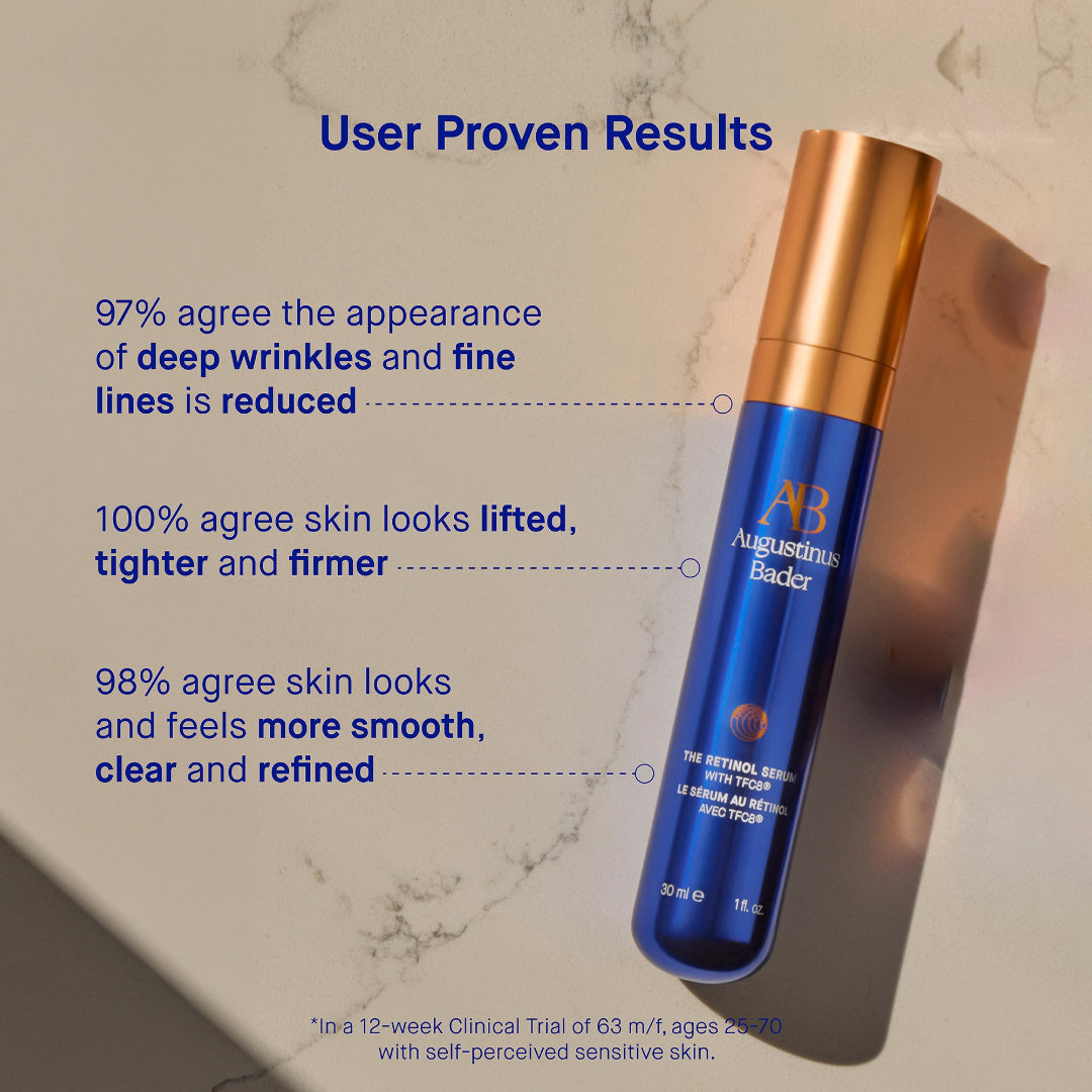 Blue skincare bottle with gold cap on a marble background, featuring user proven results text.
