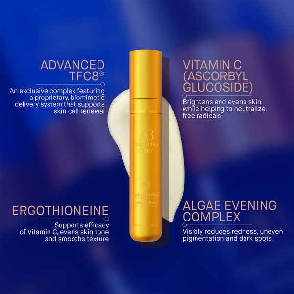 Gold skincare bottle with text detailing ingredients on a blue background