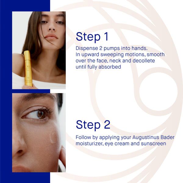 Instructions for using a skincare product with a woman applying it and close-up of skin.