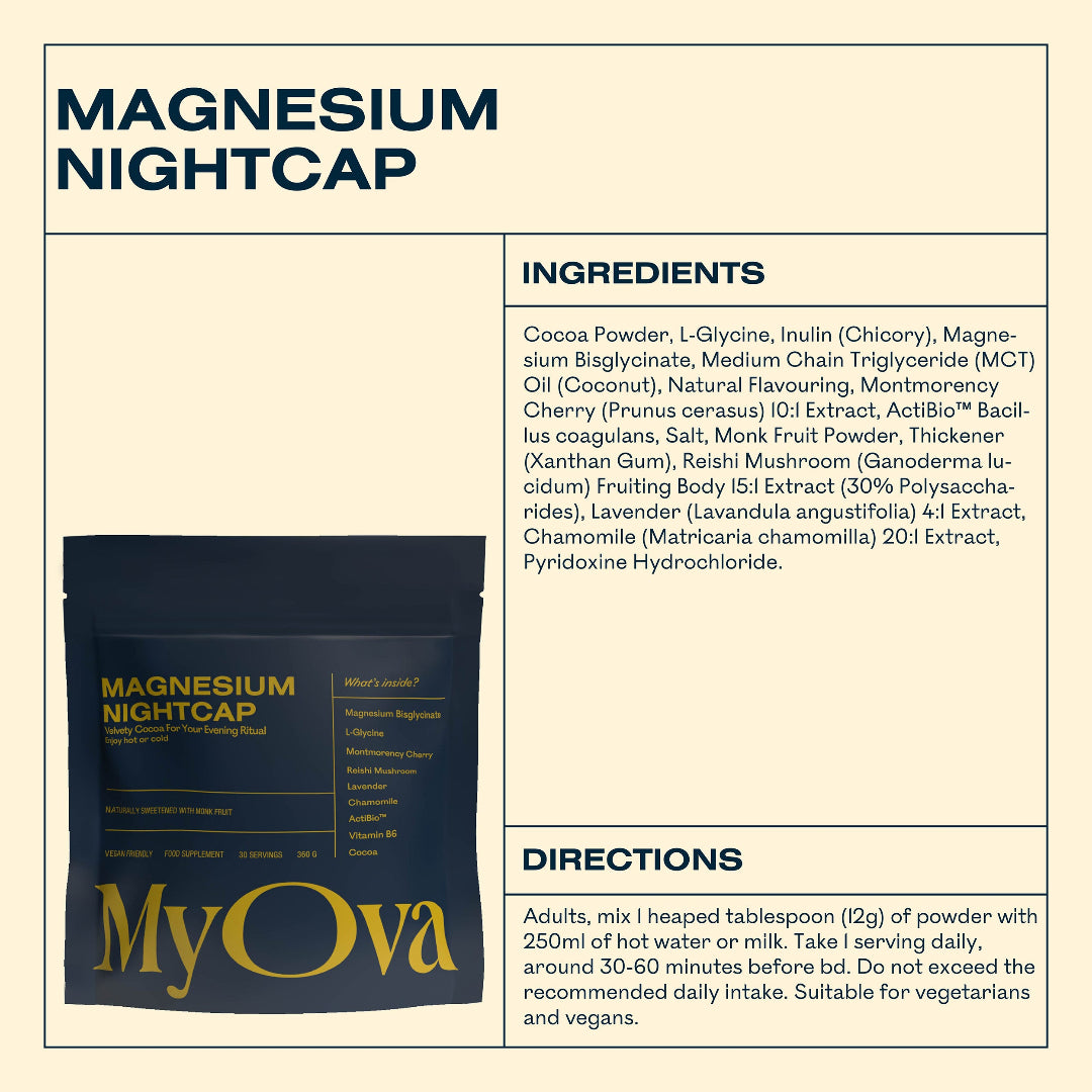 MyOva Magnesium Nightcap package with ingredients and directions on a beige background