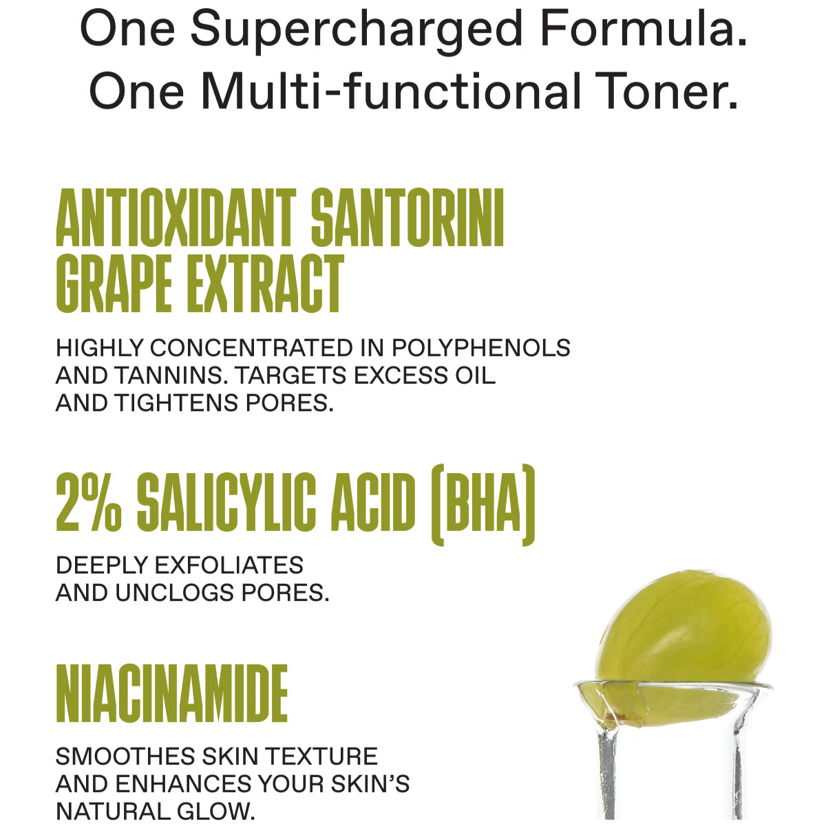 Advertisement for a multi-functional toner with ingredients and benefits listed.