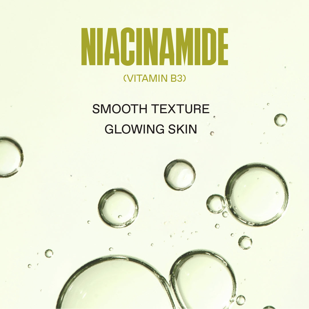 Advertisement for niacinamide with text 'Smooth Texture Glowing Skin' and bubbles on a beige background.