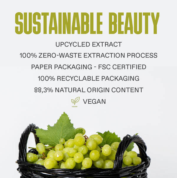 Sustainable beauty product with a basket of grapes and green leaf on a white background