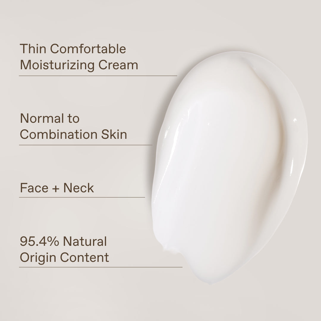 A glossy white cream smear on a light beige background with text reading 'Thin Comfortable Moisturizing Cream,' 'Normal to Combination Skin,' 'Face + Neck,' and '95.4% Natural Origin Content.